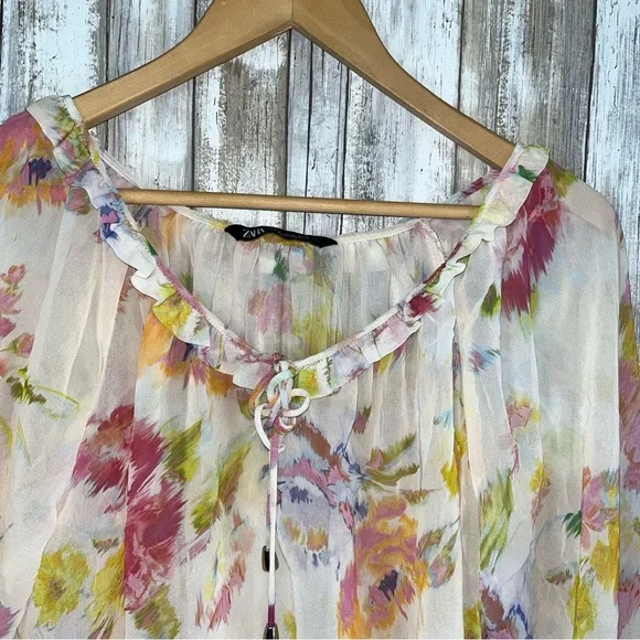Zara Sheer Floral Peasant Blouse Bell Sleeve Boho Tie Neck Top Women’s M - Picture 6 of 7
